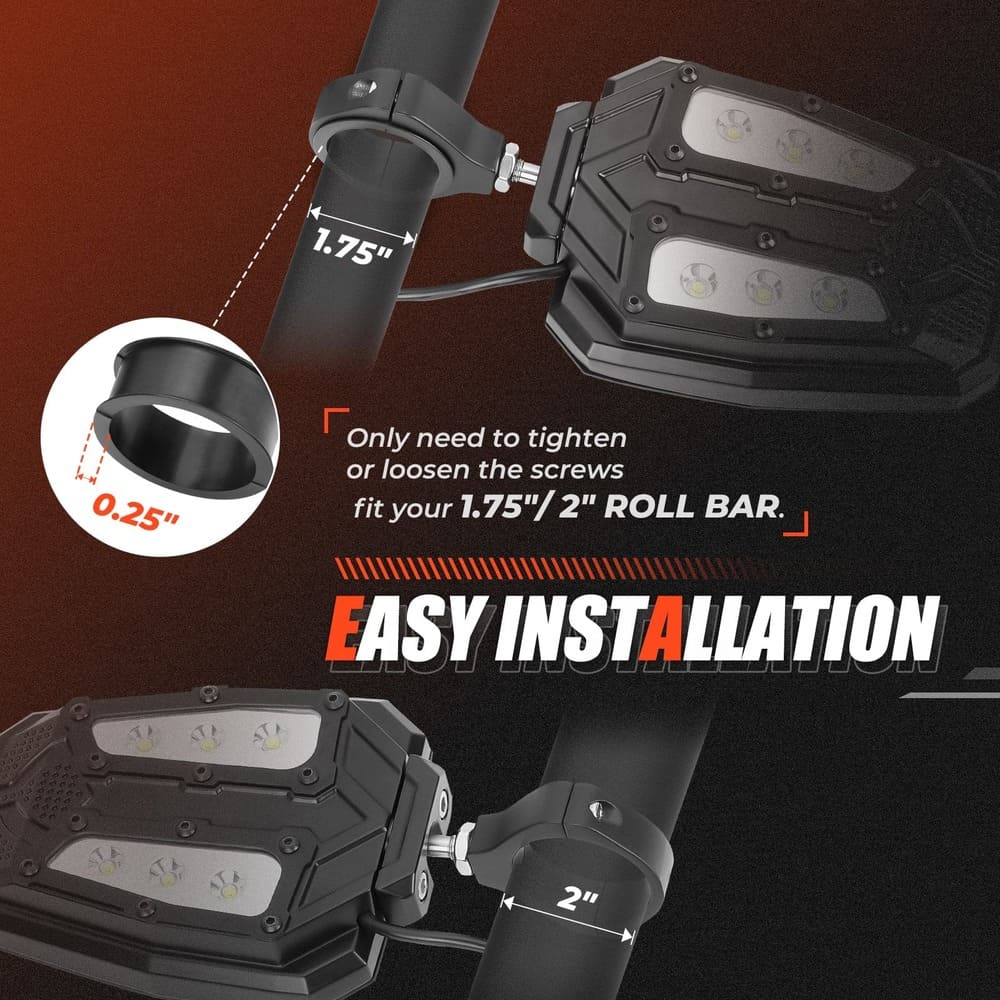Kemimoto Universal 1.75"/2" Rear View Side Mirrors w/ LED Rock Light - 1 Pair