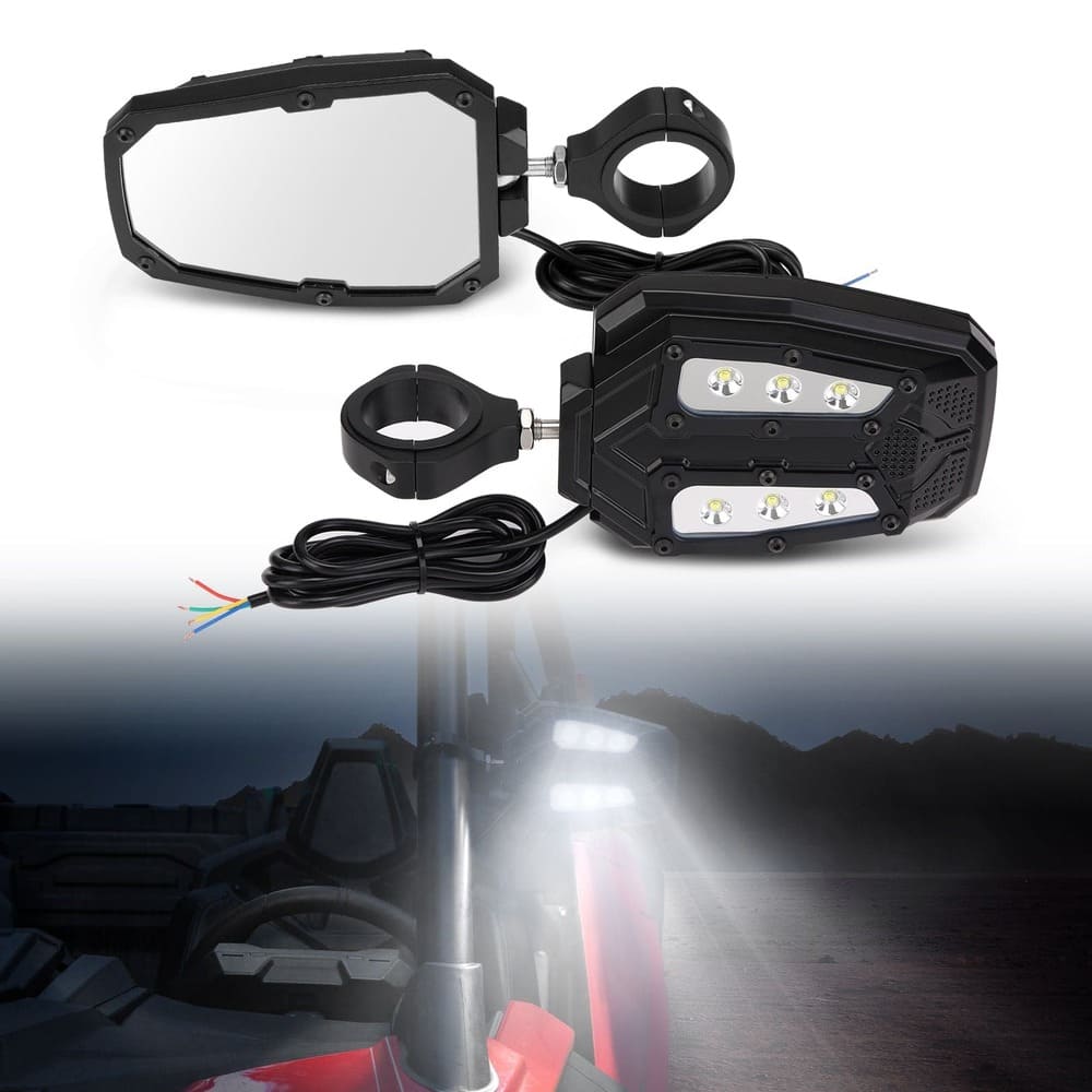 Kemimoto Universal 1.75"/2" Rear View Side Mirrors w/ LED Rock Light - 1 Pair