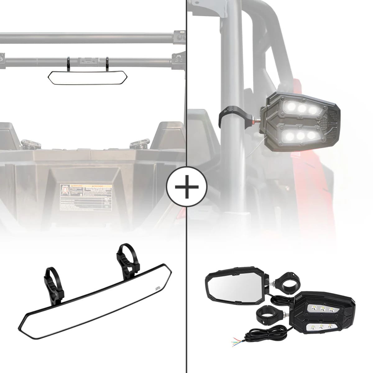 Kemimoto UTV 1.65"-2" Rear View Mirror & 1.75"-2" LED Side Mirror
