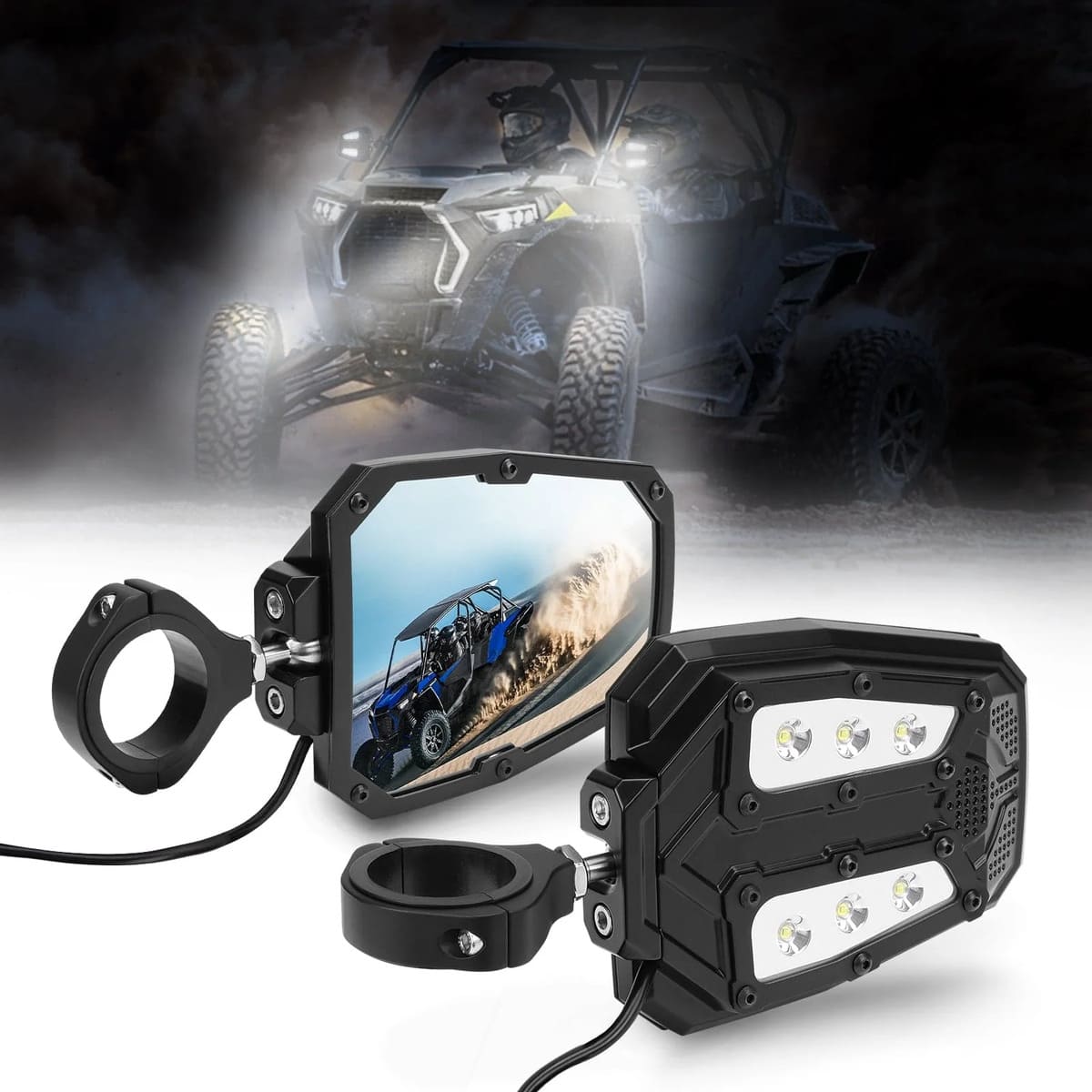 Kemimoto UTV 1.65"-2" Rear View Mirror & 1.75"-2" LED Side Mirror