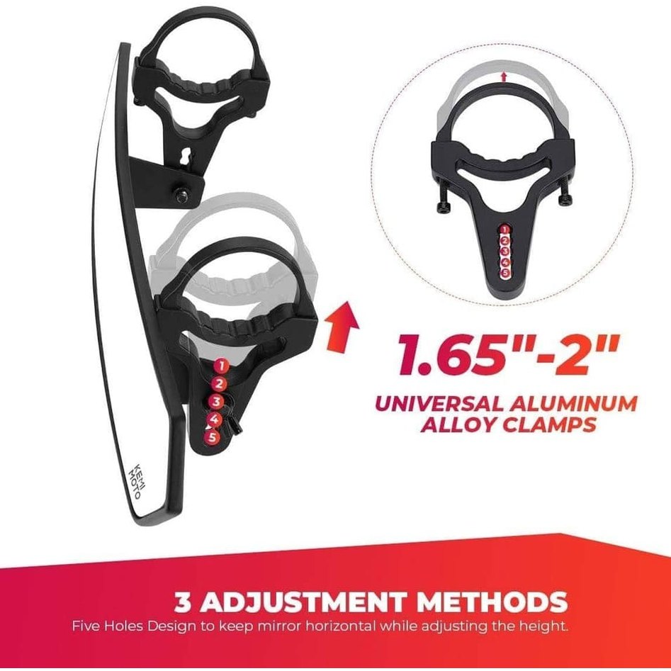 Kemimoto UTV 1.65"-2" Rear View Mirror & 1.75" Round Tube Convex Side Mirror