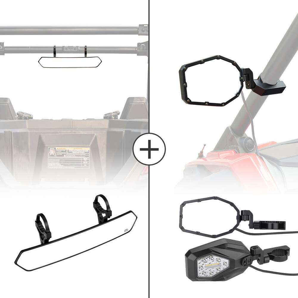 Kemimoto UTV 1.65"-2" Tube Rear View Mirror & 1.6"-2" Tube LED Side Mirrors