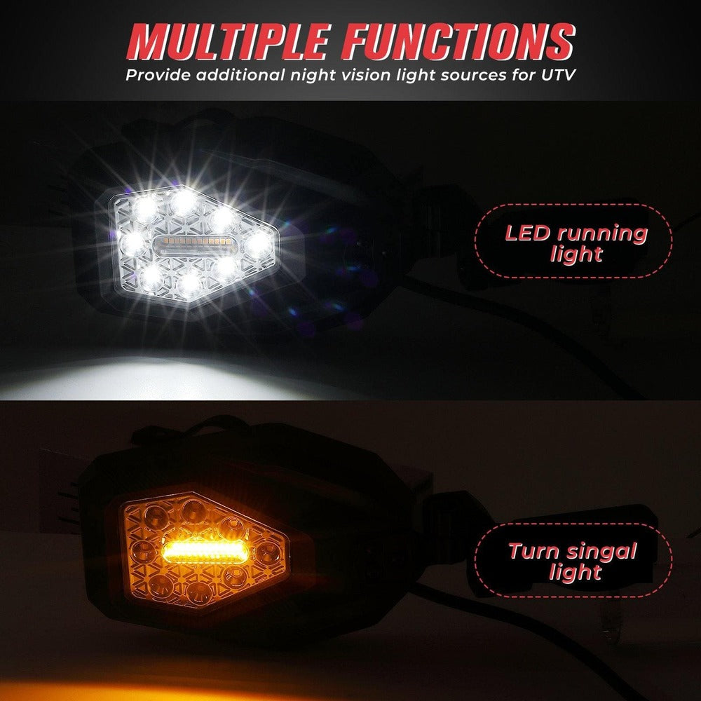 Kemimoto UTV 1.65"-2" Tube Rear View Mirror & 1.6"-2" Tube LED Side Mirrors