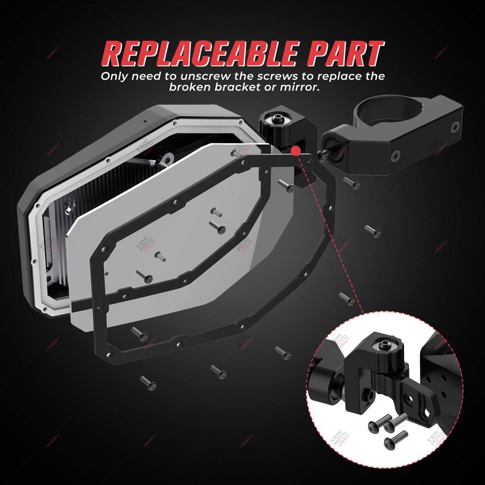 Kemimoto UTV 1.65"-2" Tube Rear View Mirror & 1.6"-2" Tube LED Side Mirrors