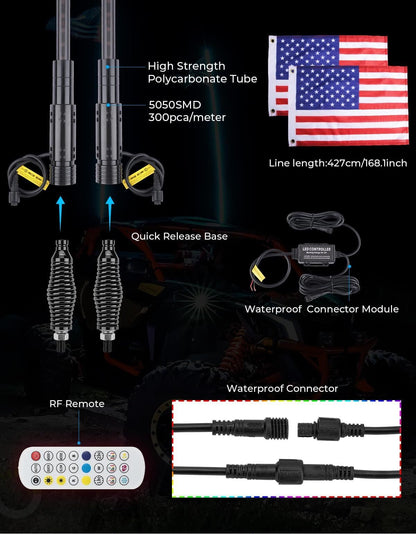 Kemimoto UTV 2Pcs 3ft/4ft Whip Lights with Spring Base