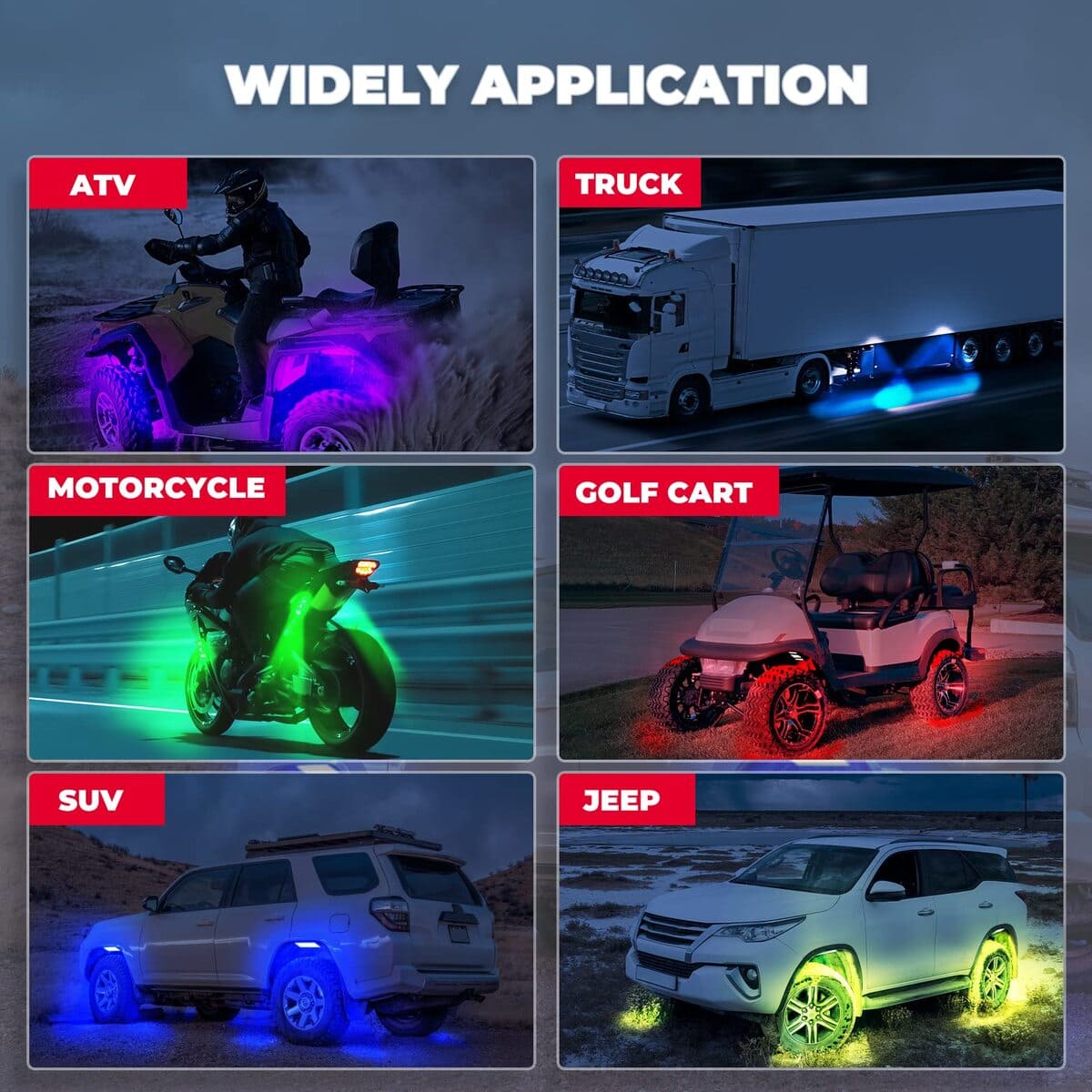 Kemimoto UTV / ATV 4-8 Pods RGB Rock Light Kit & Spiral Whip Lights