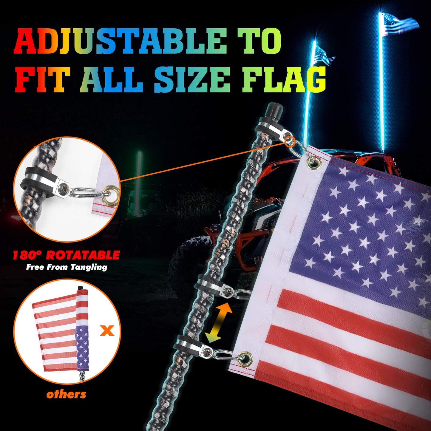 Kemimoto UTV ATV 5Ft 2Pcs Spiral Whip Light Bluetooth Control w/ Turn Signal Function