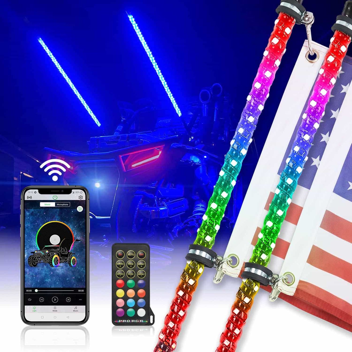 Kemimoto UTV ATV 5Ft 2Pcs Spiral Whip Light Bluetooth Control w/ Turn Signal Function