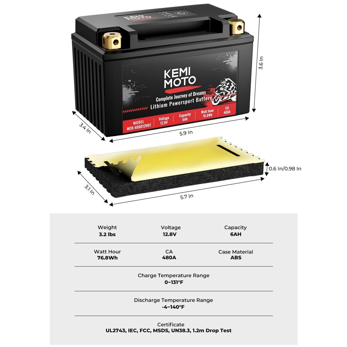 Kemimoto UTV/ATV Life Po4 12v 6Ah Lithium Battery