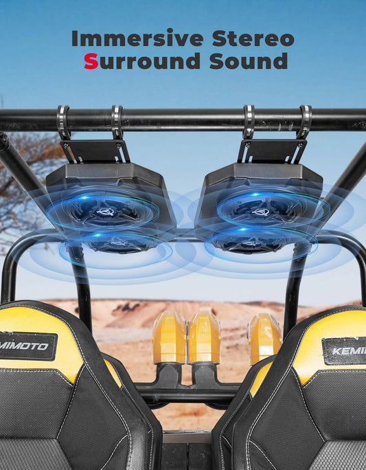 Kemimoto UTV Sound System 6.5" Speakers Overhead Stereo Bluetooth Fits Roll Cages