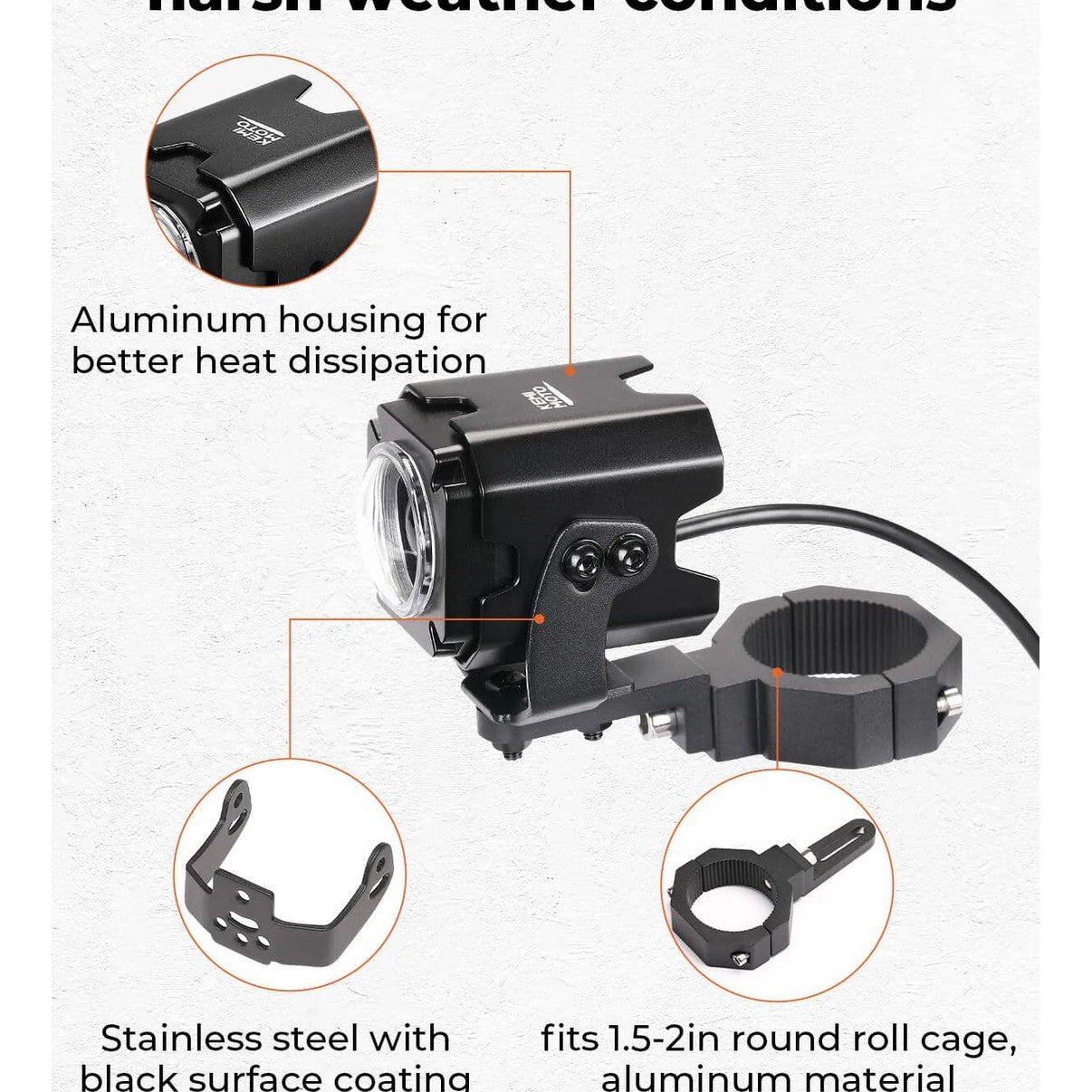 Kemimoto UTV Spot Beam Pod Lights w/ 1.5''-2'' Tube Clamp Kit