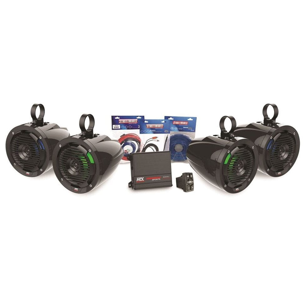 MTX Audio Universal Bluetooth Switch Audio Package with Amplifier & 4 Roll Cage Speakers