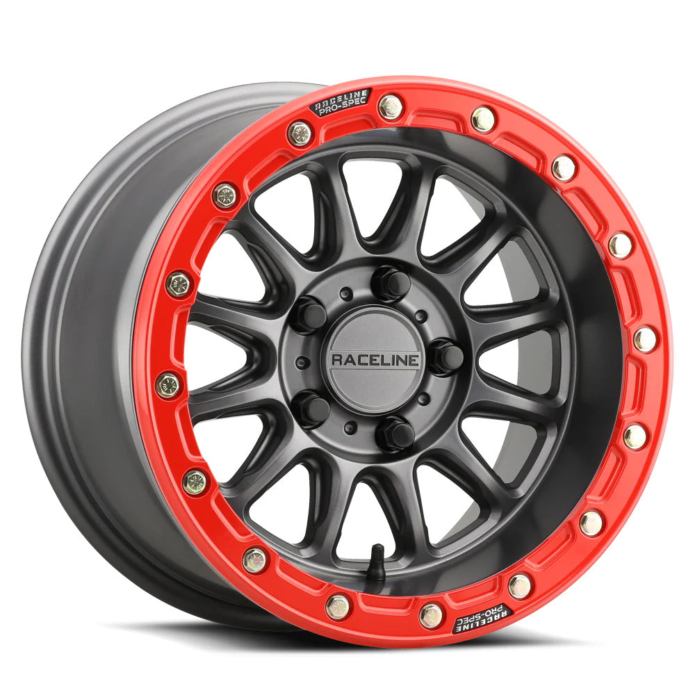 Raceline A14GR Gunmetal/Red Alpha 5-Lug Beadlock & Maxxis Carnivore Radial Wheel & Tire Kit