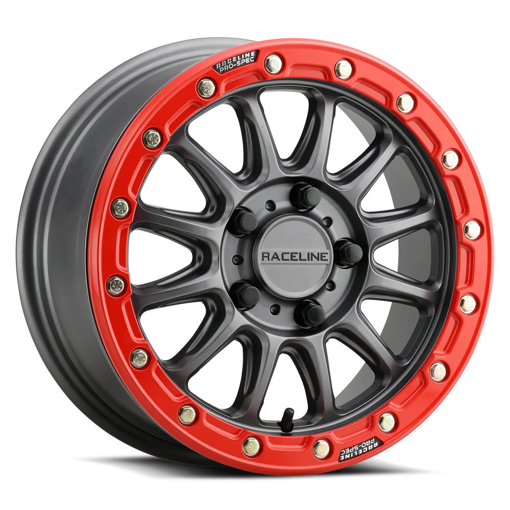 Raceline A14GR Gunmetal/Red Alpha 5-Lug Beadlock & Maxxis Carnivore Radial Wheel & Tire Kit