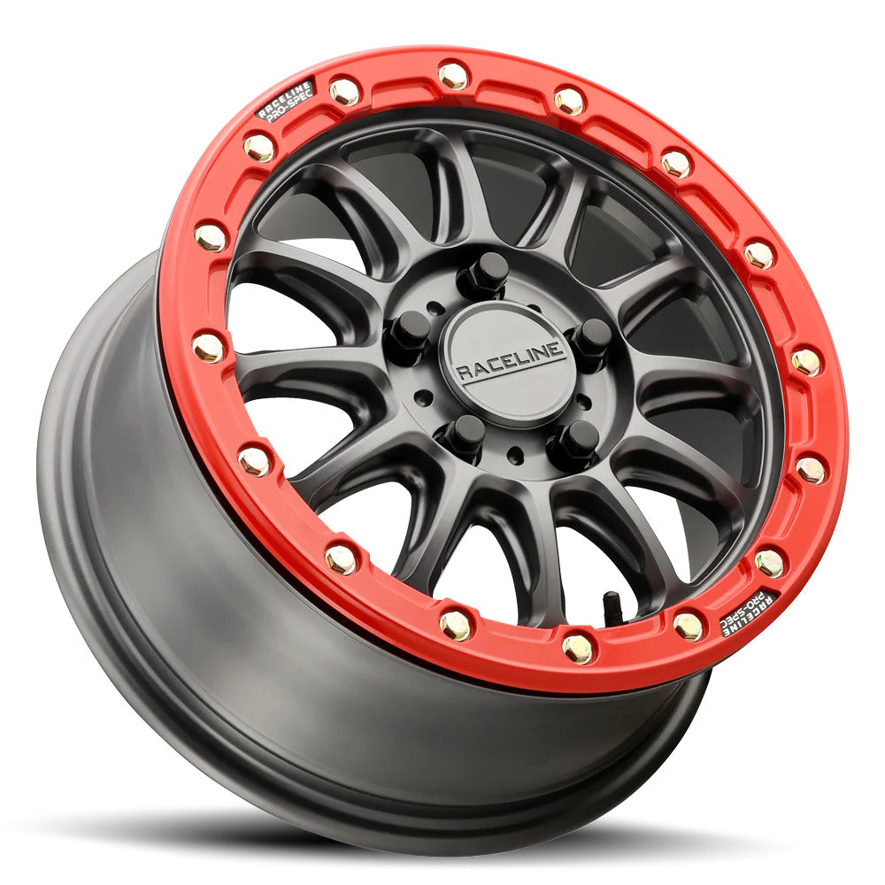 Raceline A14GR Gunmetal/Red Alpha 5-Lug Beadlock & Maxxis Carnivore Radial Wheel & Tire Kit