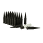 Small Diameter Spline Spike Lug Nuts - 13/16" & 7/8" Dual Hex Key - 14mm x 2.00 Thread Size - Black Finish - Set of 24