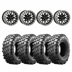 System 3 Gloss Black with Matte Brushed Ring SB-9 Beadlock & Maxxis Radial Carnivore Wheel & Tire Kit
