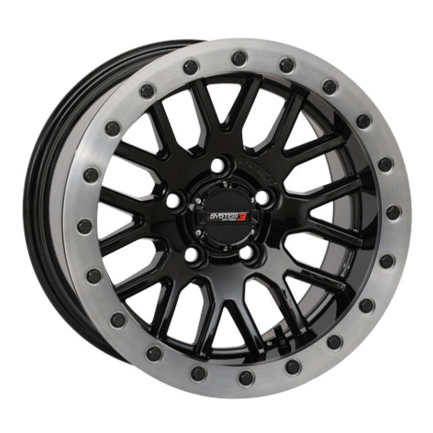 System 3 Gloss Black with Matte Brushed Ring SB-9 Beadlock & Maxxis Radial Carnivore Wheel & Tire Kit